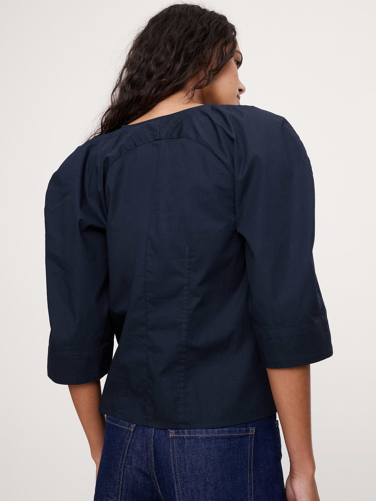 Stretch-Cotton Volume-Sleeve Top - Navy Blue