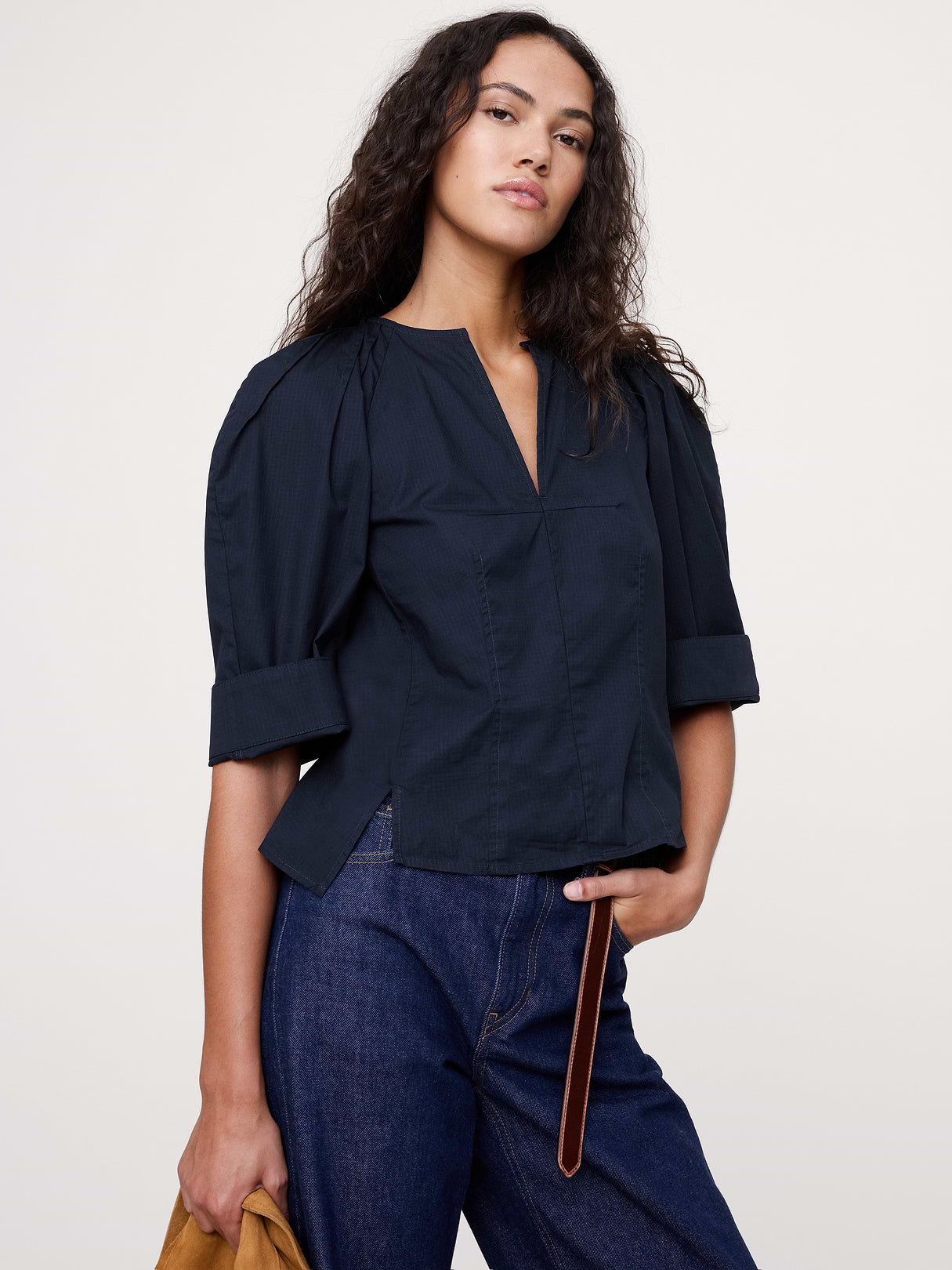 Stretch-Cotton Volume-Sleeve Top - Navy Blue