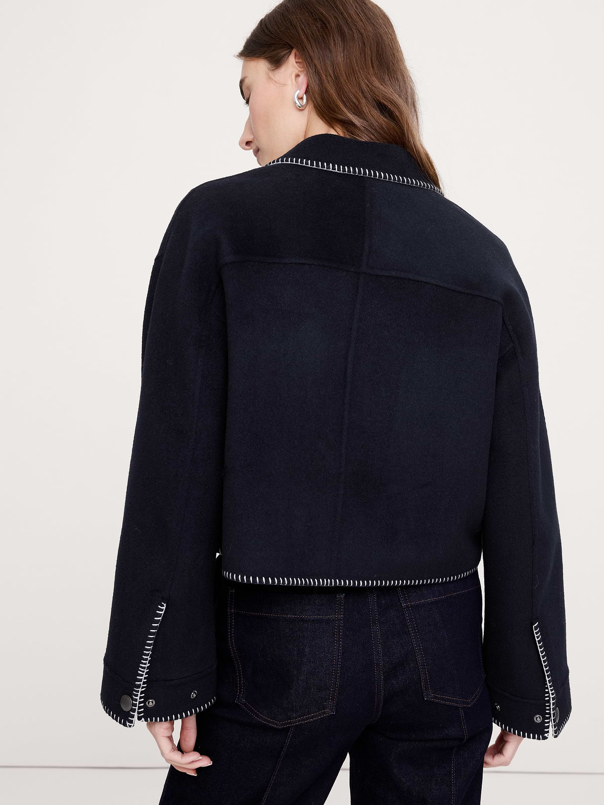 Double-Faced Short Jacket with Blanket Stitch - Navy Blue