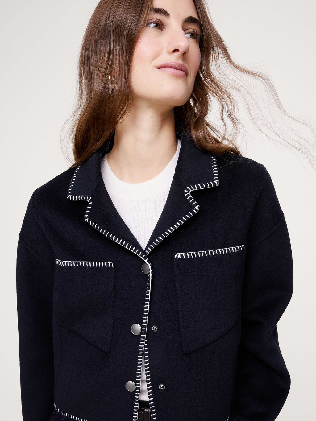 Double-Faced Short Jacket with Blanket Stitch - Navy Blue
