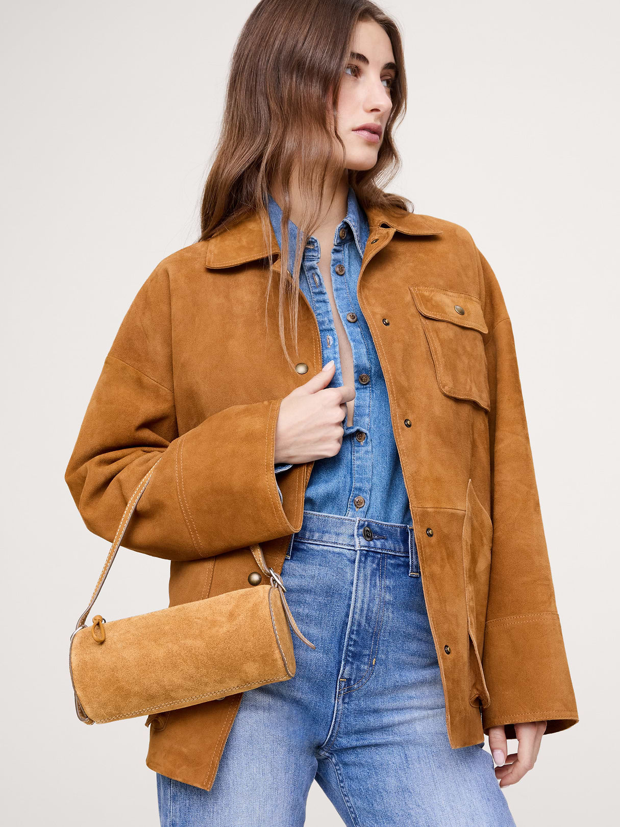 Leather Barrel Bag - Caramel Brown Suede