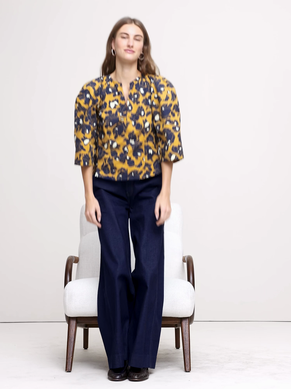 Stretch-Cotton Volume-Sleeve Top - Navy Blue Floral