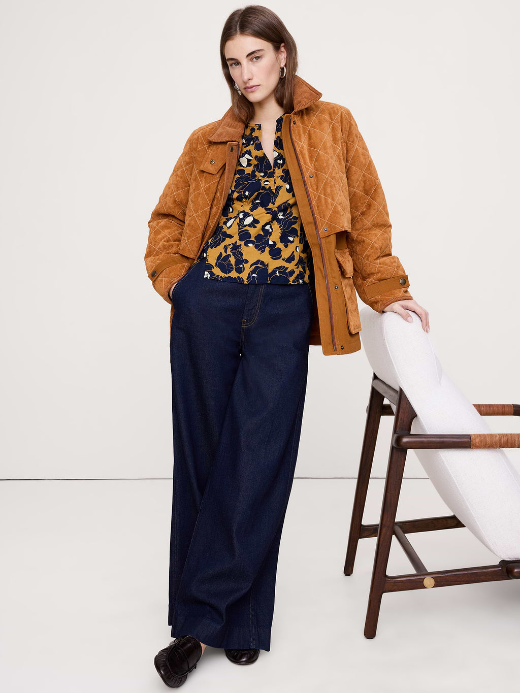 Stretch-Cotton Volume-Sleeve Top - Navy Blue Floral