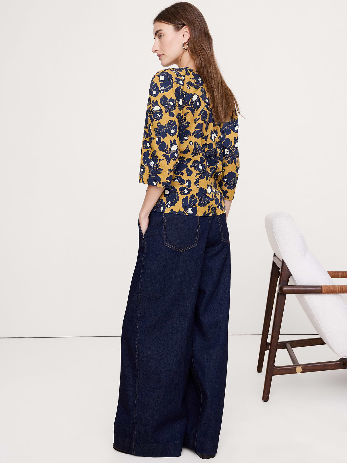Stretch-Cotton Volume-Sleeve Top - Navy Blue Floral
