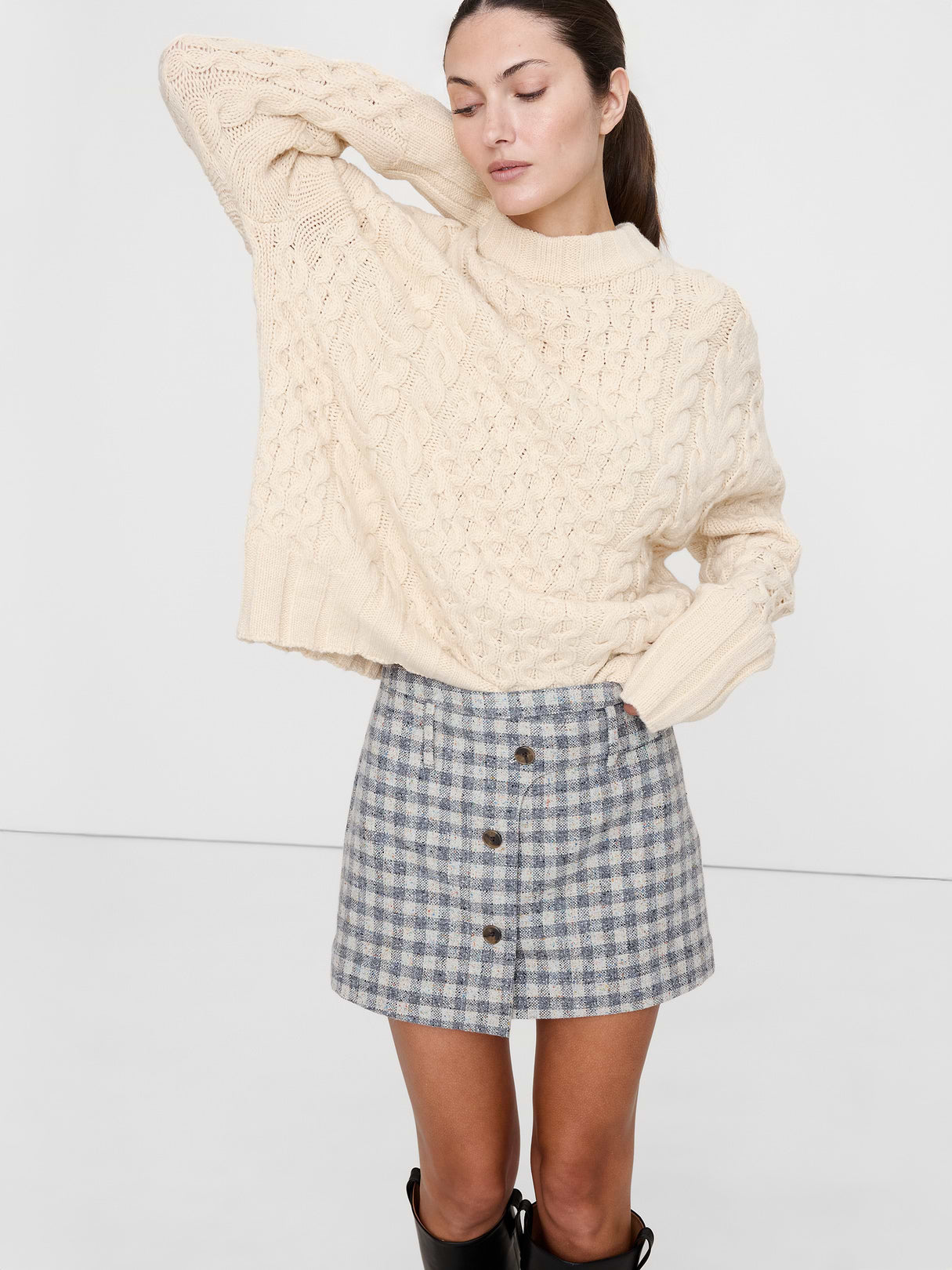 Italian Tweed Wrap Mini Skirt - Gray Gingham