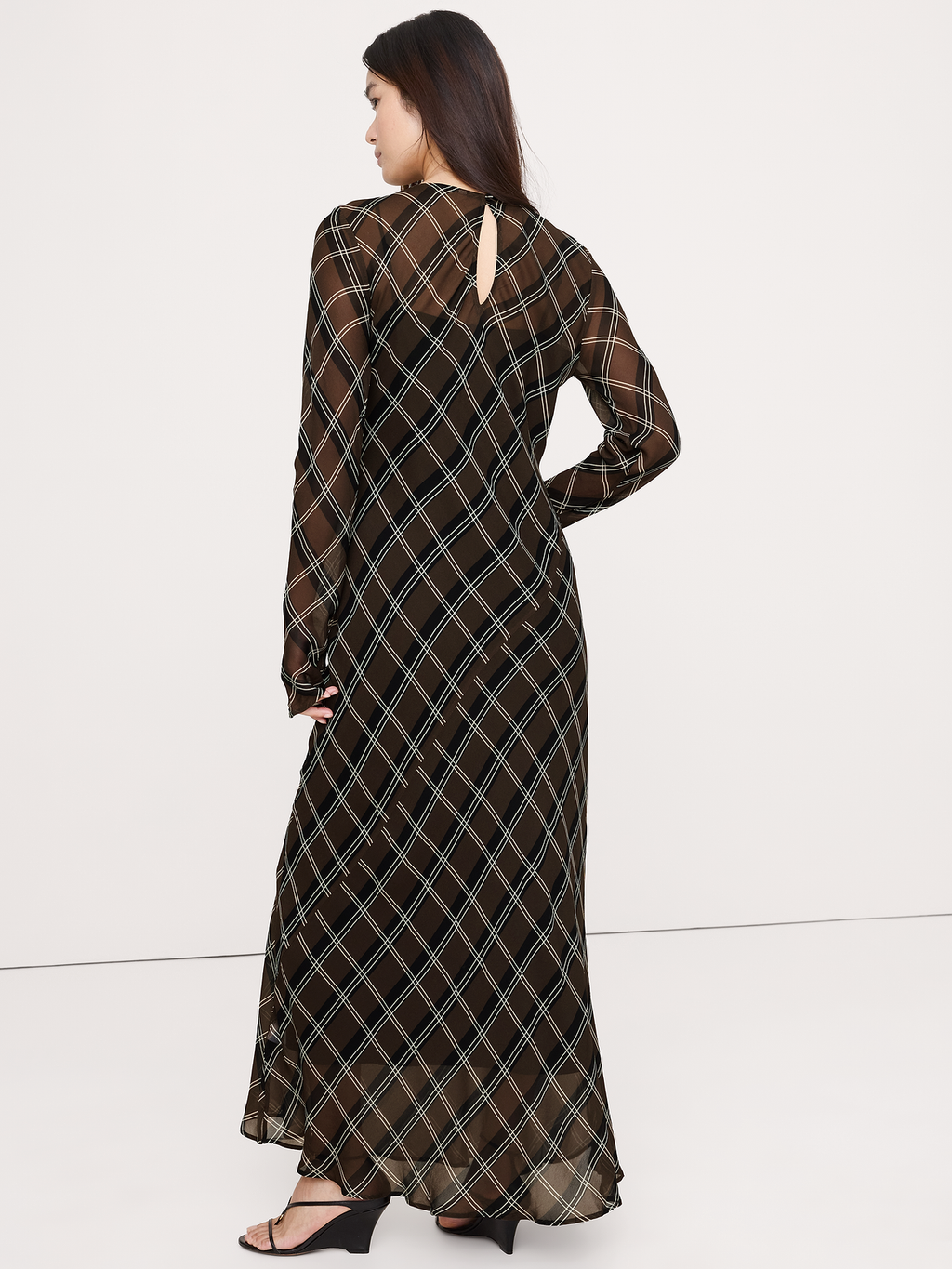 Bias-Cut Chiffon Maxi Dress - Brown Plaid