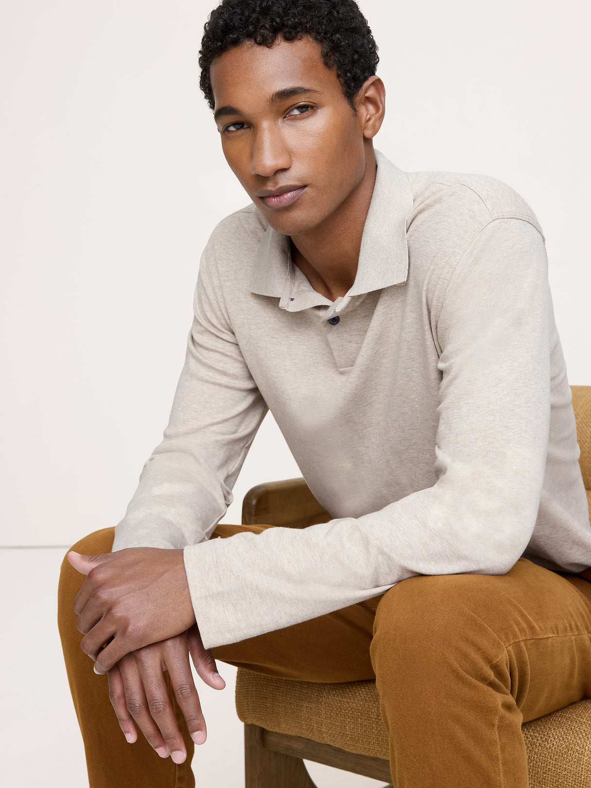 Luxury-Touch Long-Sleeve Polo - Heather Oatmeal