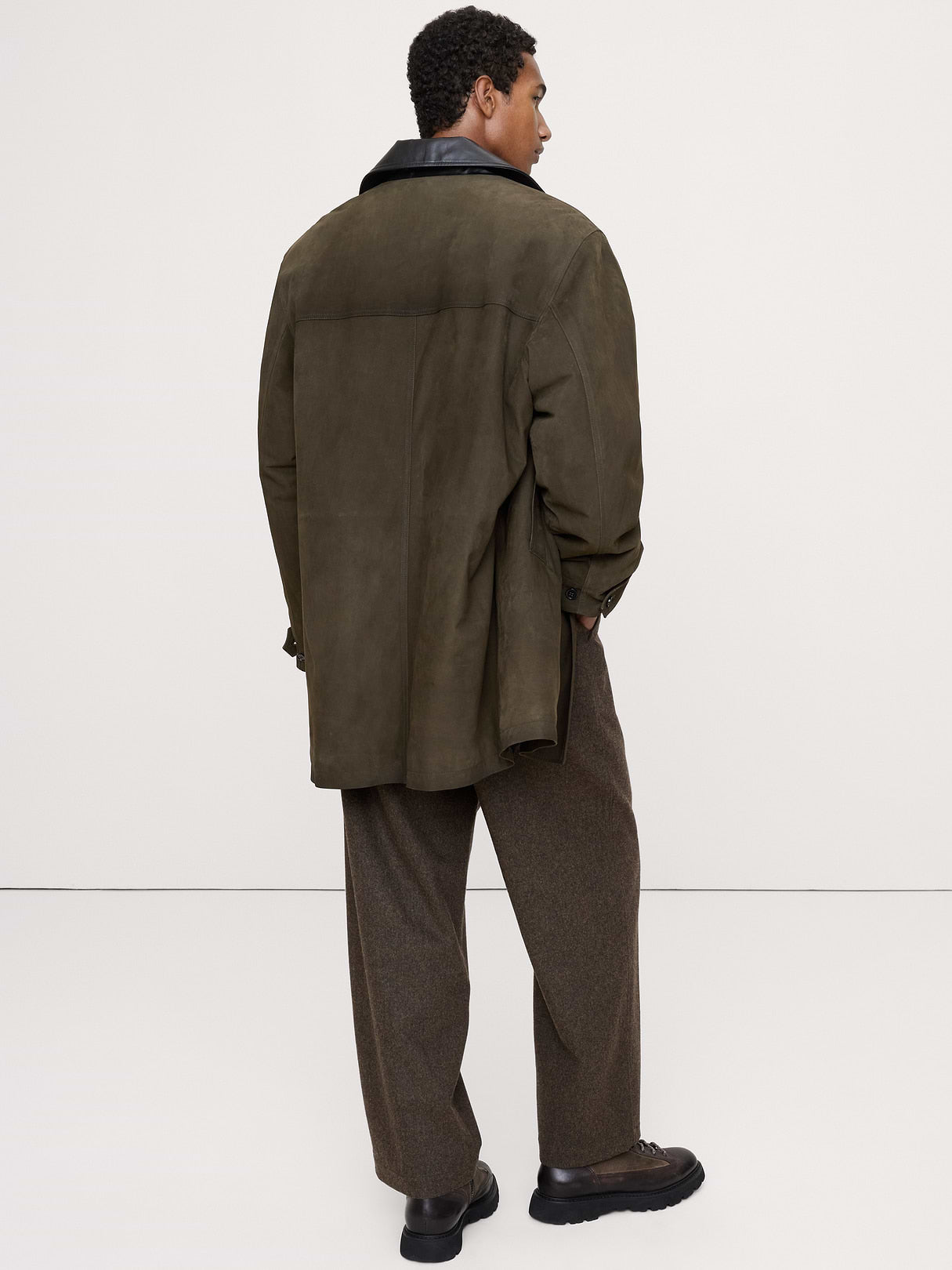 Nubuck Leather Car Coat - Olive Green