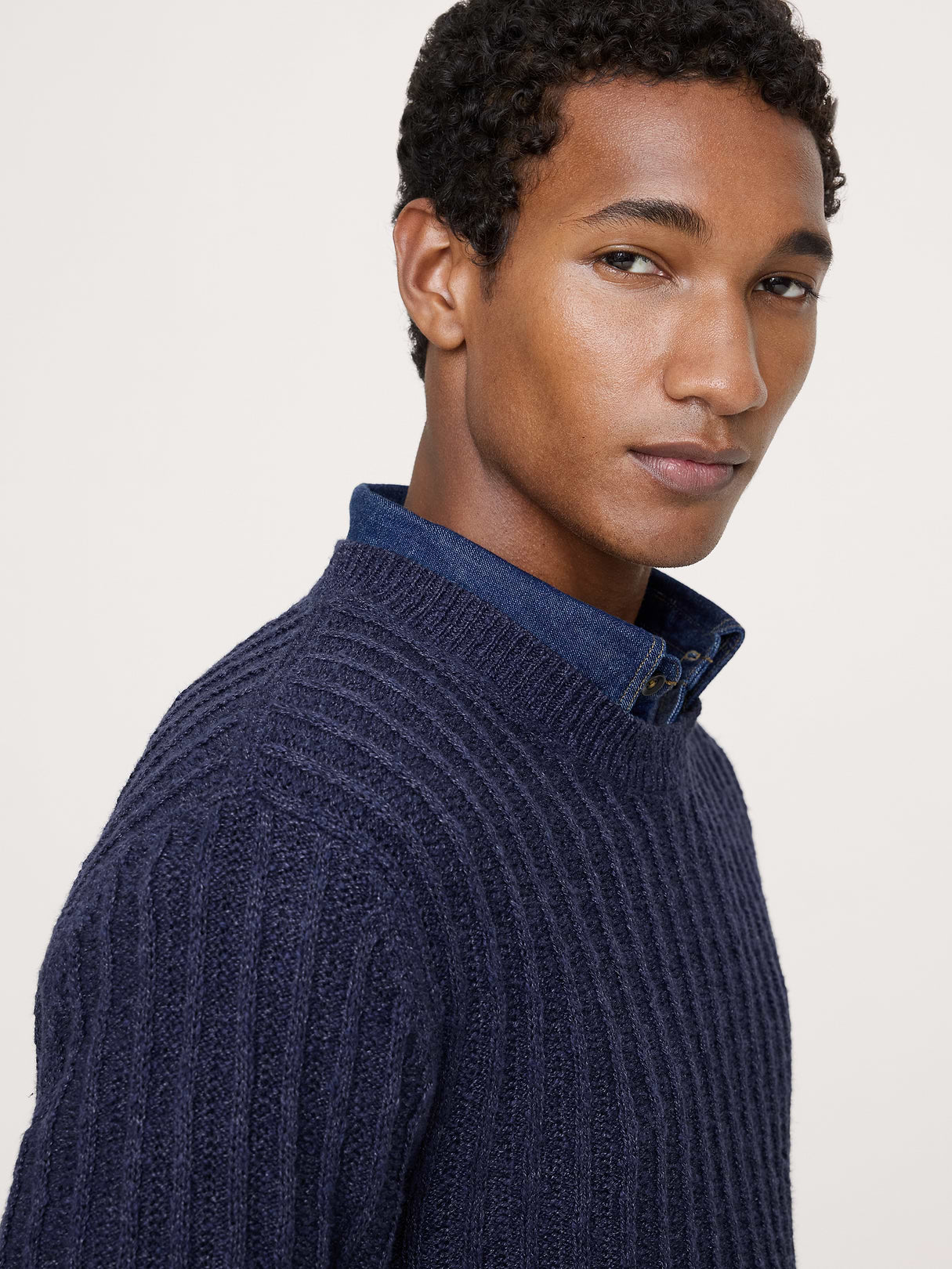 Cotton-Linen Blend Crew-Neck Sweater - Navy Blue