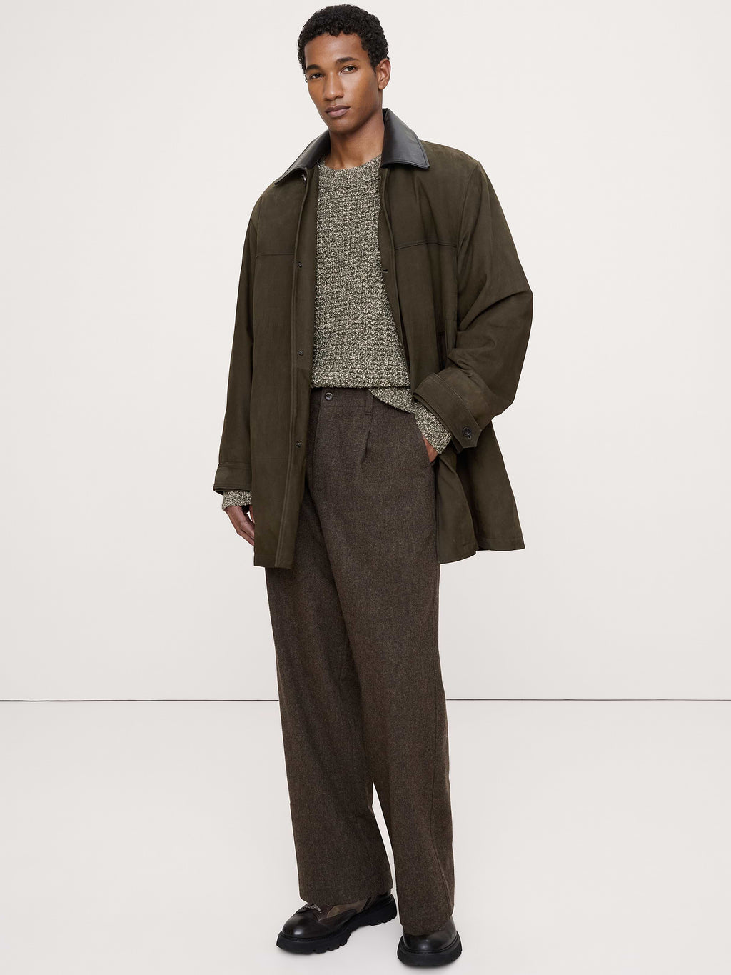 Nubuck Leather Car Coat - Olive Green