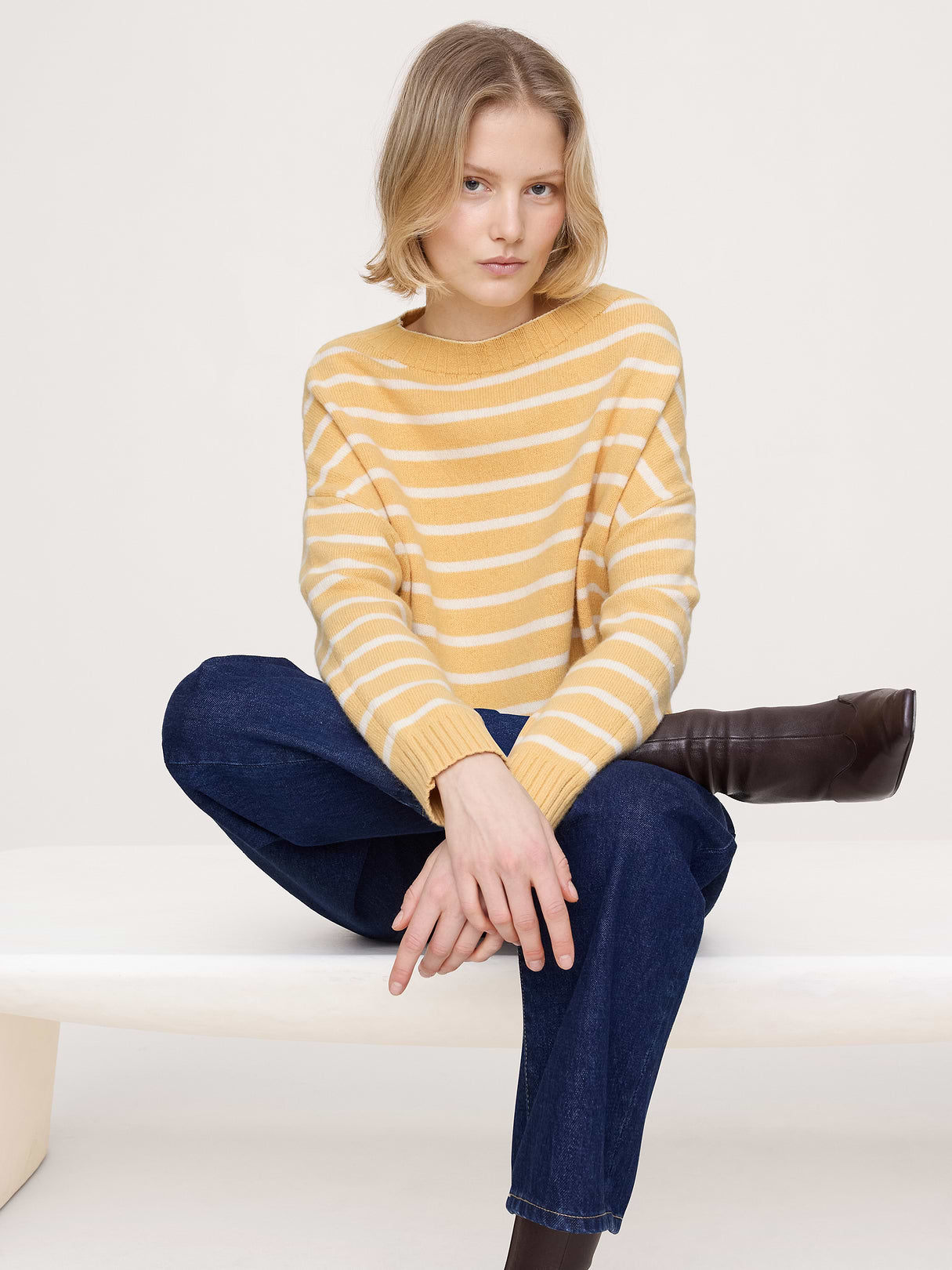 Merino-Cotton Cropped Sweater - Yellow Stripe