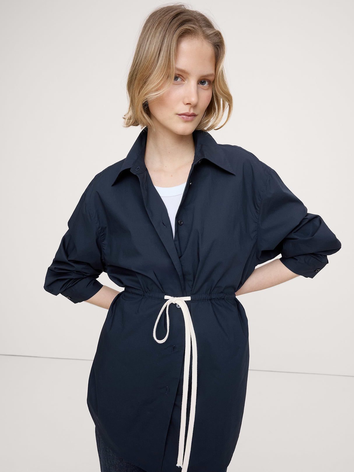 Cotton Poplin Drawstring-Waist Tunic - Navy Blue