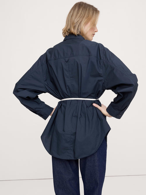 Cotton Poplin Drawstring-Waist Tunic - Navy Blue