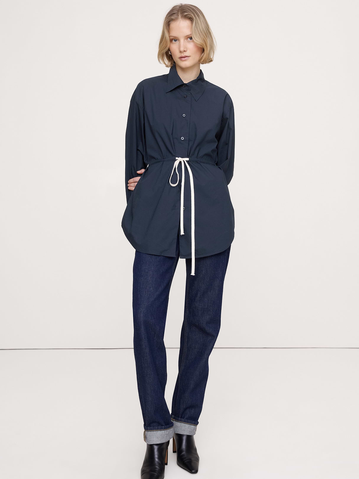 Cotton Poplin Drawstring-Waist Tunic - Navy Blue