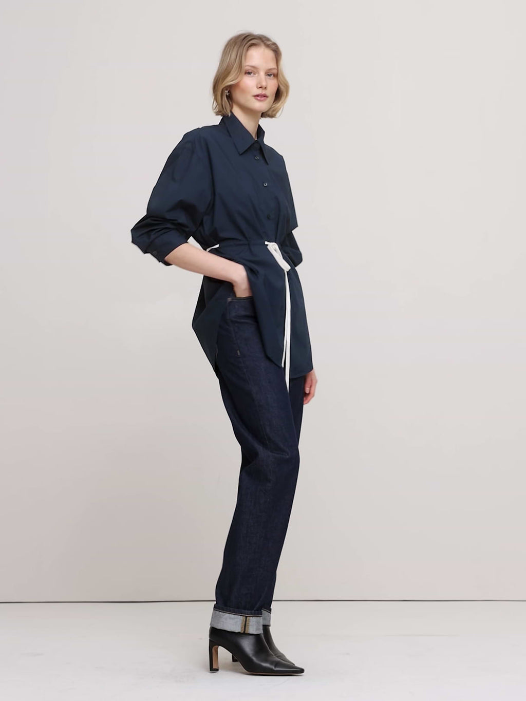 Cotton Poplin Drawstring-Waist Tunic - Navy Blue