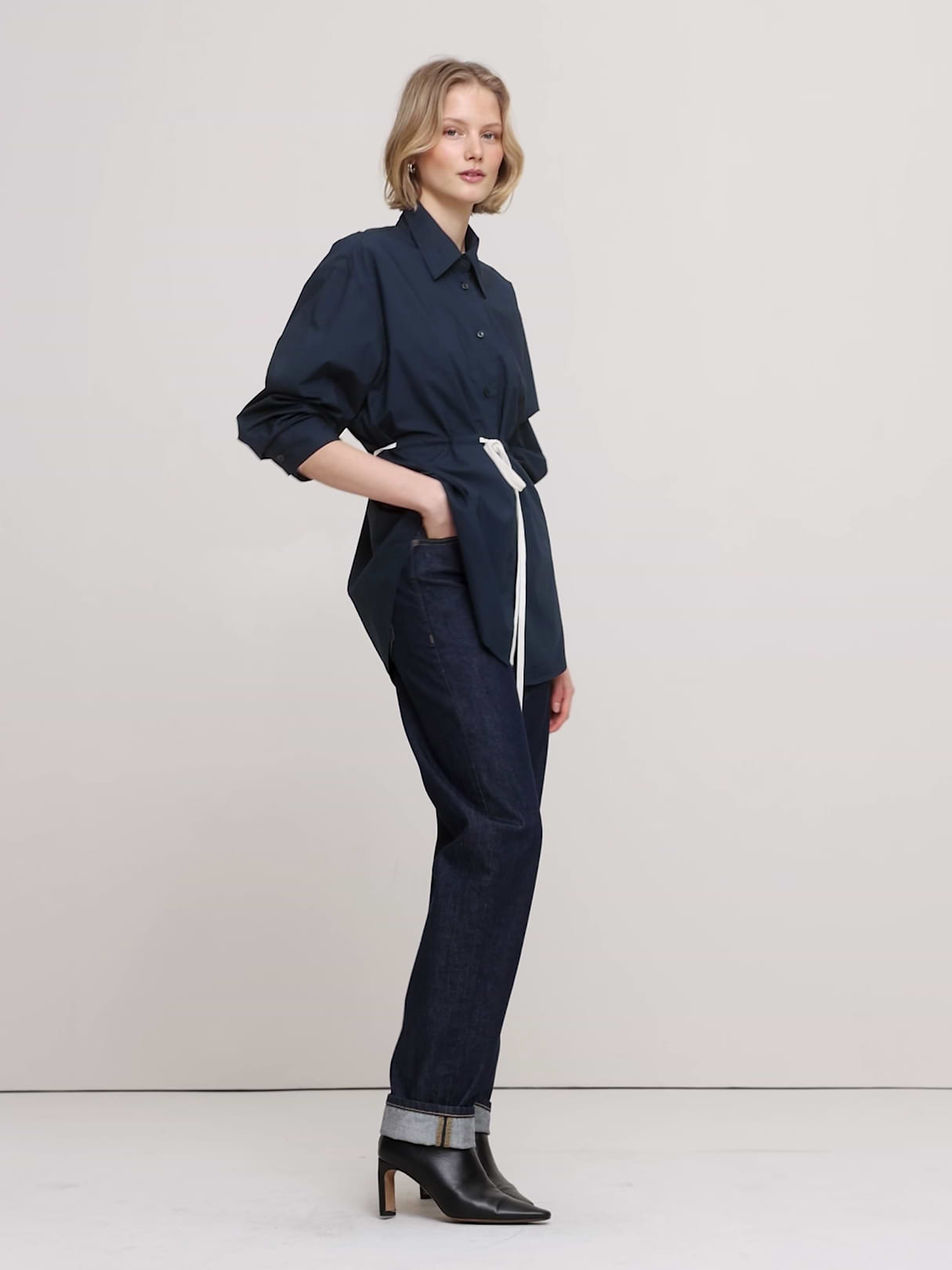 Cotton Poplin Drawstring-Waist Tunic - Navy Blue