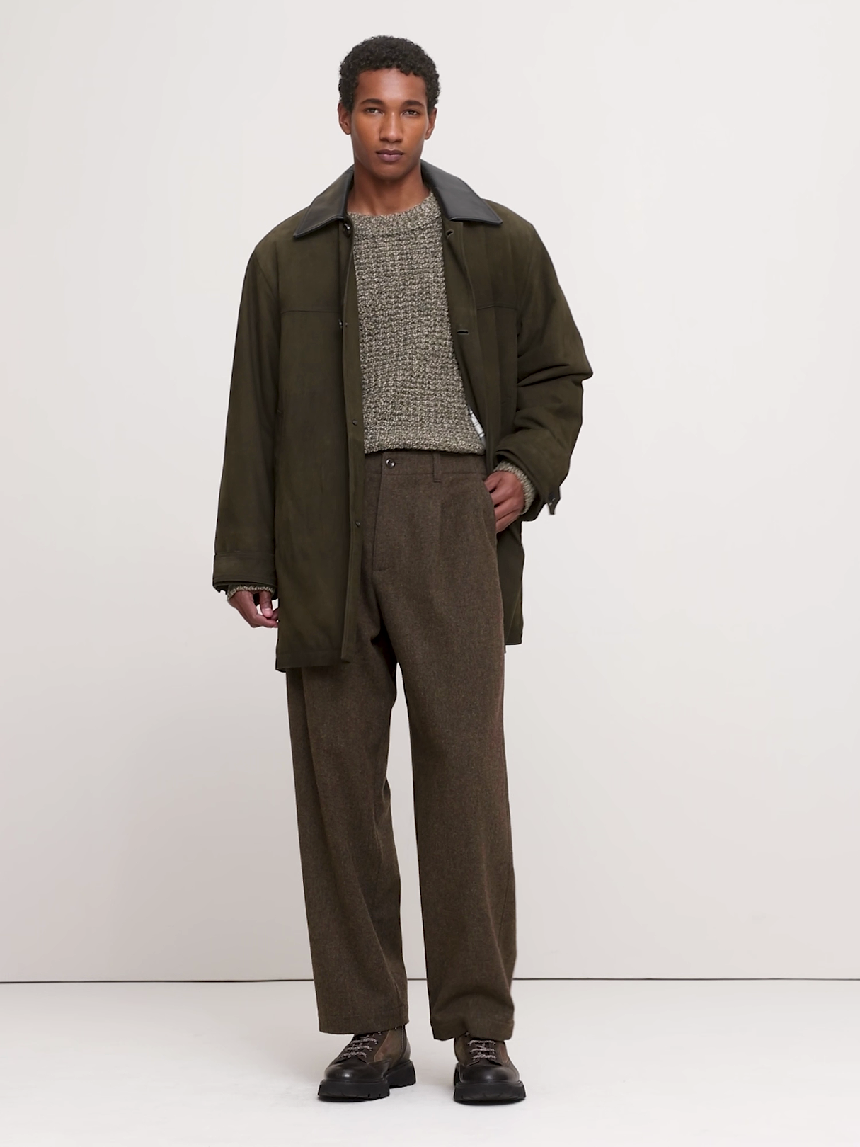 Nubuck Leather Car Coat - Olive Green