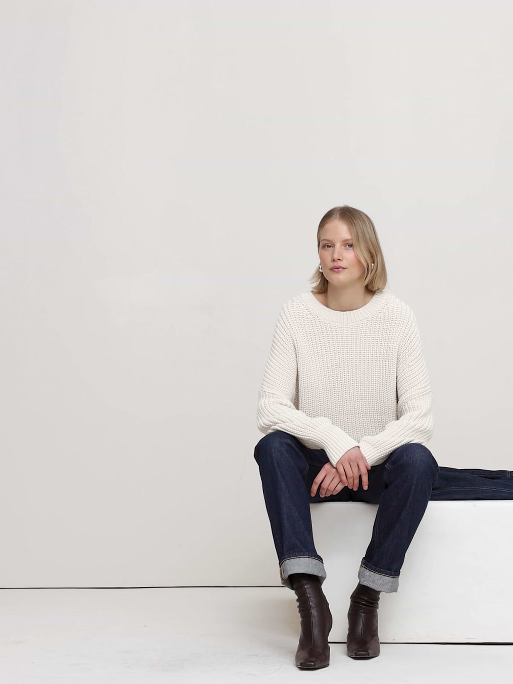 Chunky Cotton Crew-Neck Sweater - Cream White