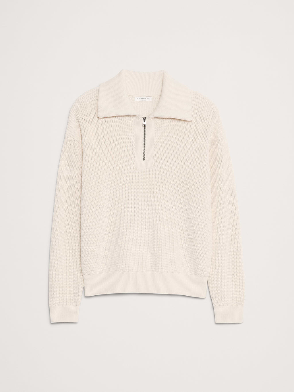 Cotton Ribbed Zip Sweater Polo - Cream White
