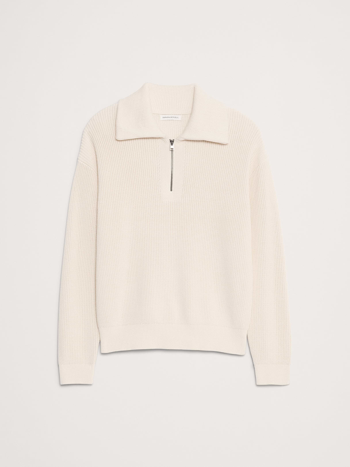 Cotton Ribbed Zip Sweater Polo - Cream White