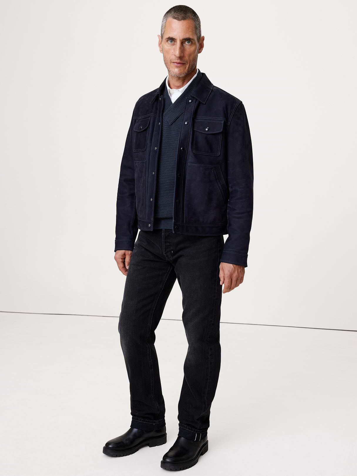 Cotton Thermal-Knit V-Neck Sweater - Navy Blue