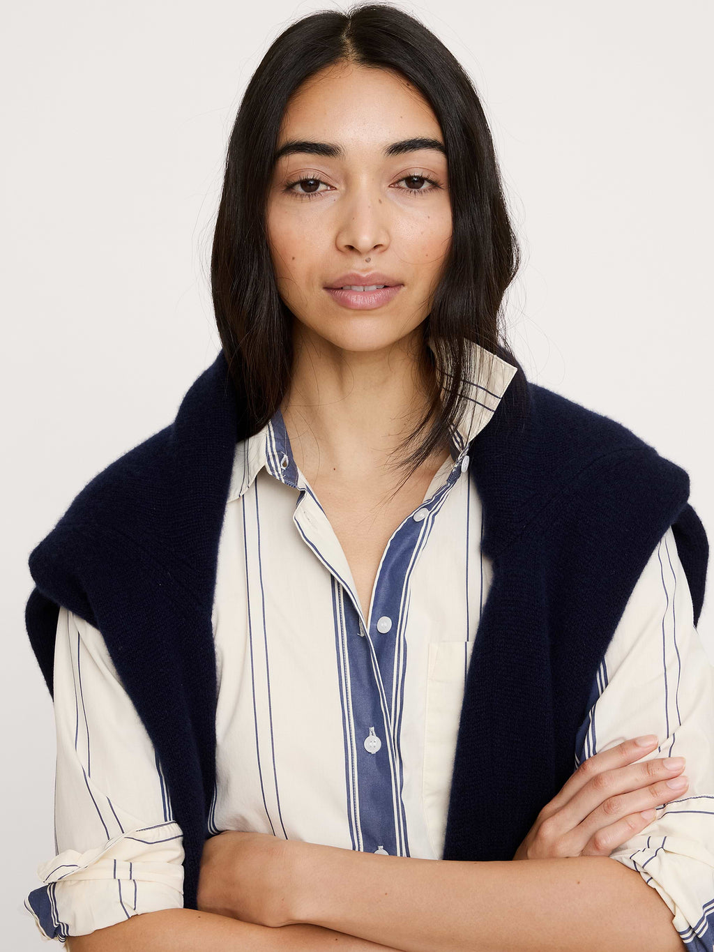 The Oversized Shirt in Cotton Poplin - Dark Multi Stripe