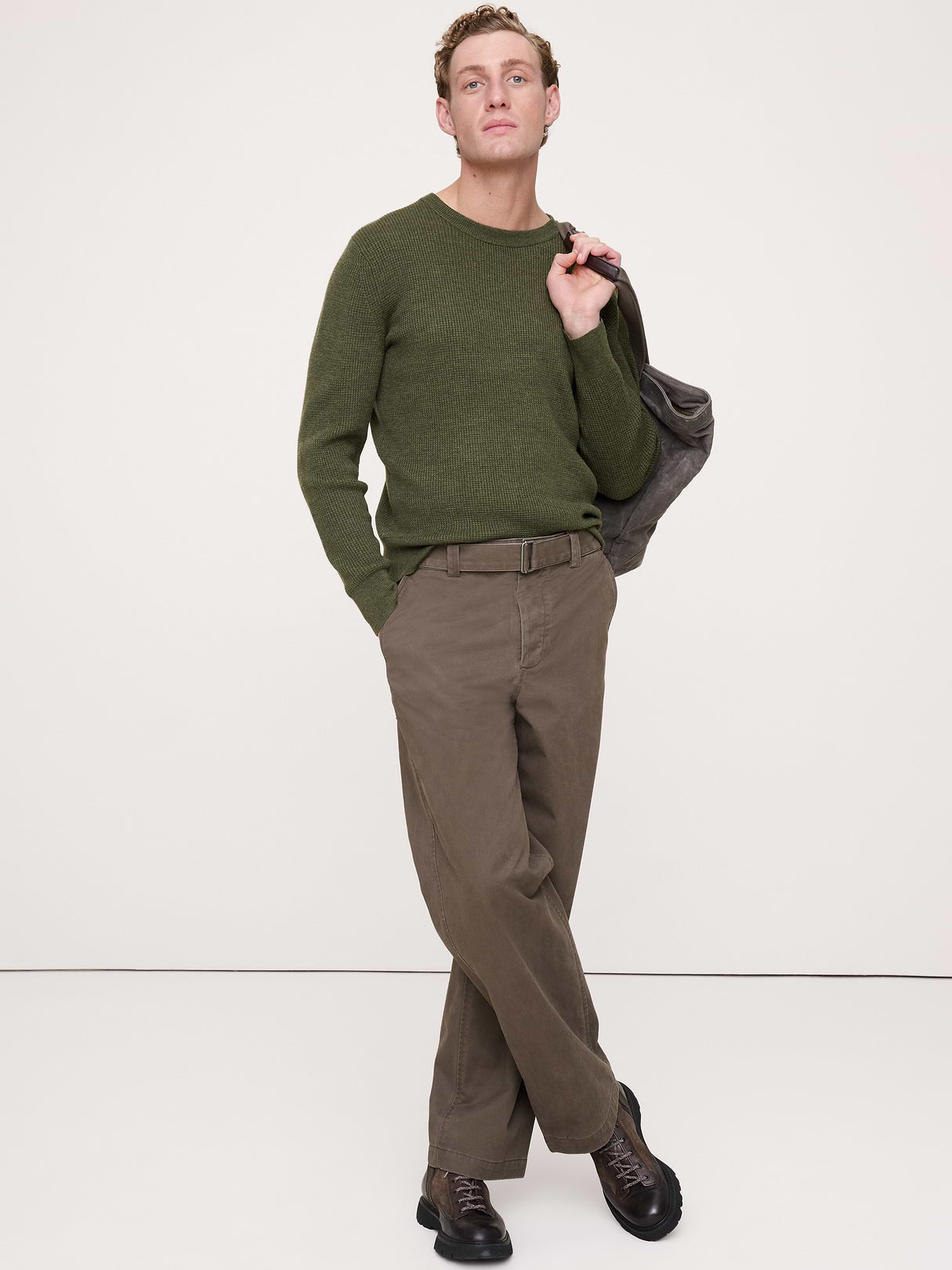 Merino Thermal Crew-Neck Sweater - Heather Olive Green