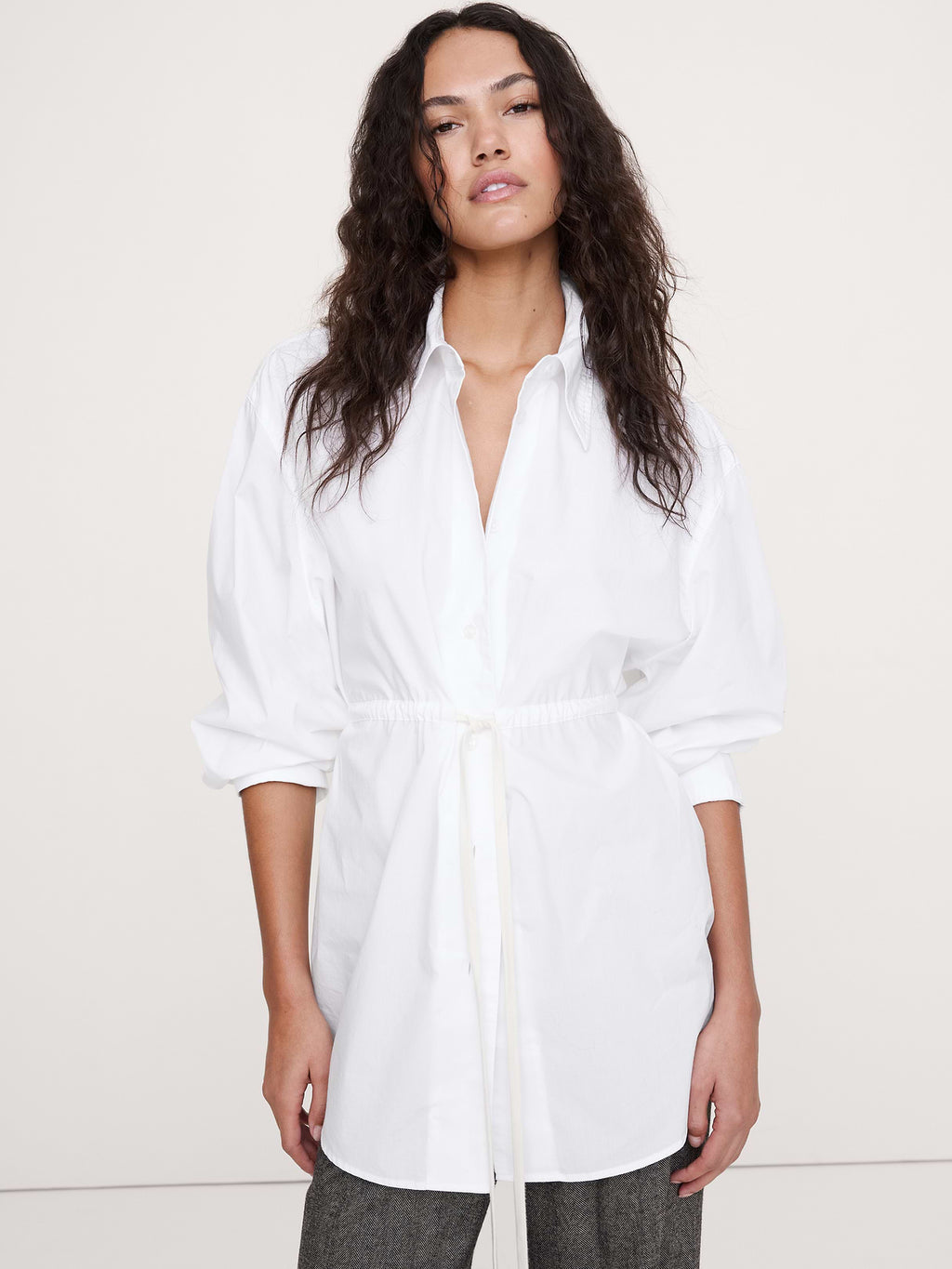 Cotton Poplin Drawstring-Waist Tunic - White