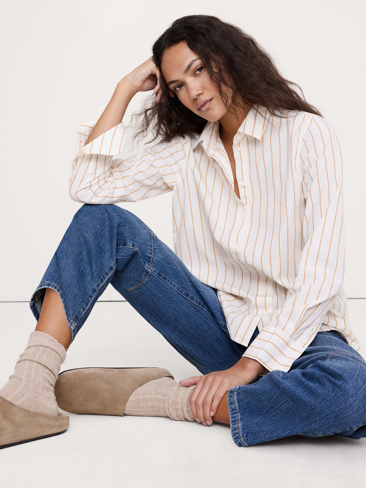 The Everyday Shirt in Cotton Poplin - Orange Stripe