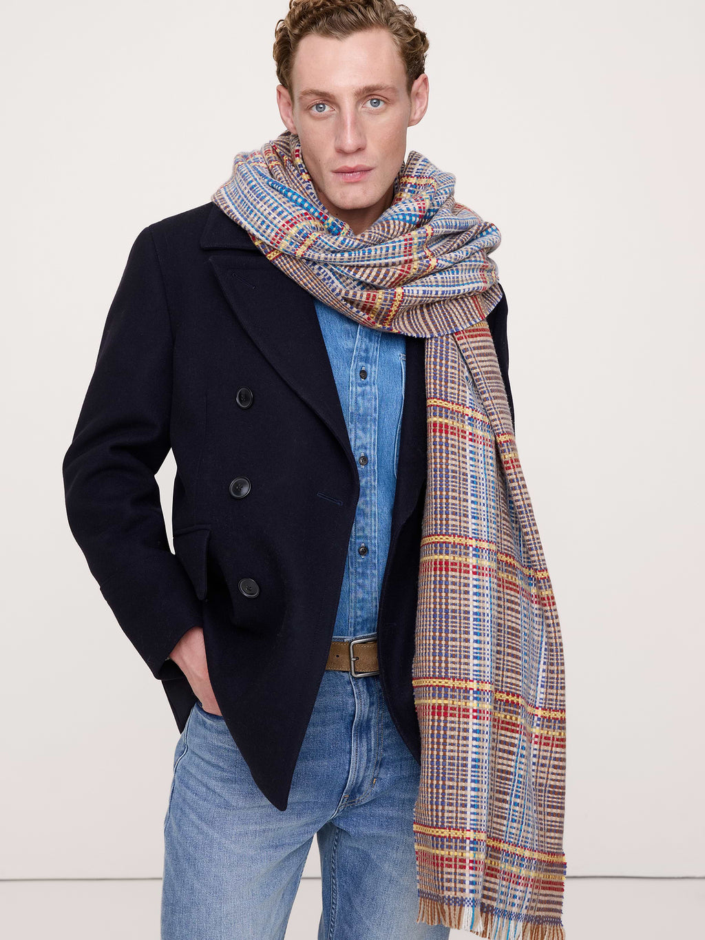 Italian Plaid Wool-Blend Scarf - Medium Blue