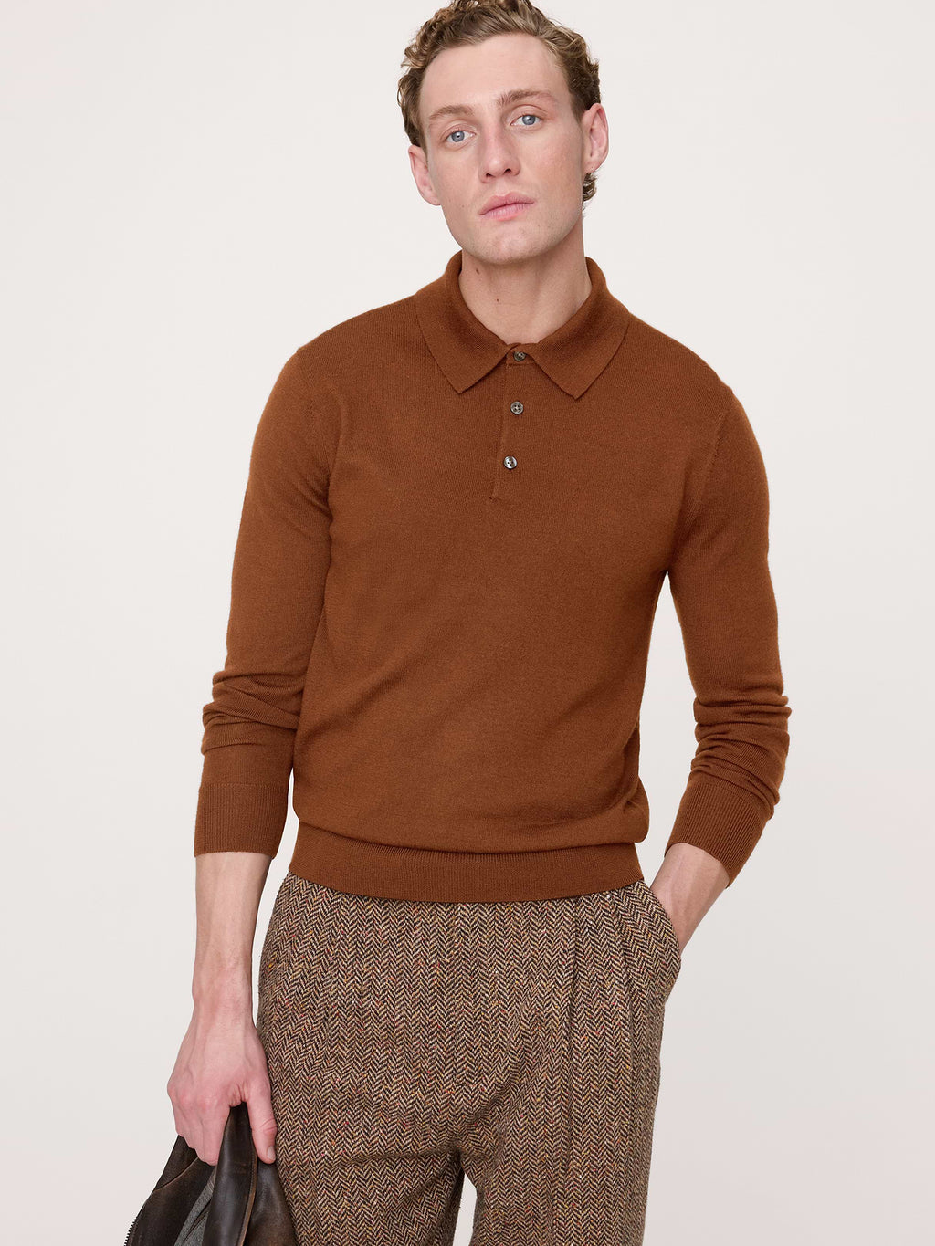Merino Long-Sleeve Sweater Polo - Burnt Sienna Orange