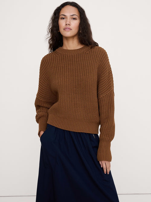 Chunky Cotton Crew-Neck Sweater - Cinnamon Coffee Brown