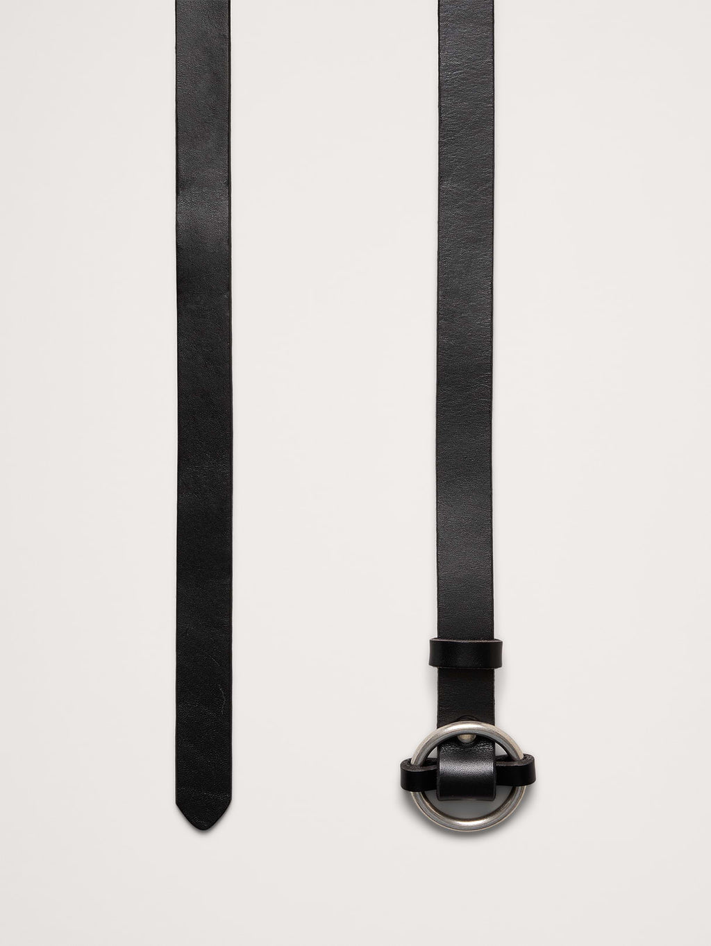 Leather Circle-Buckle Skinny Belt - Black