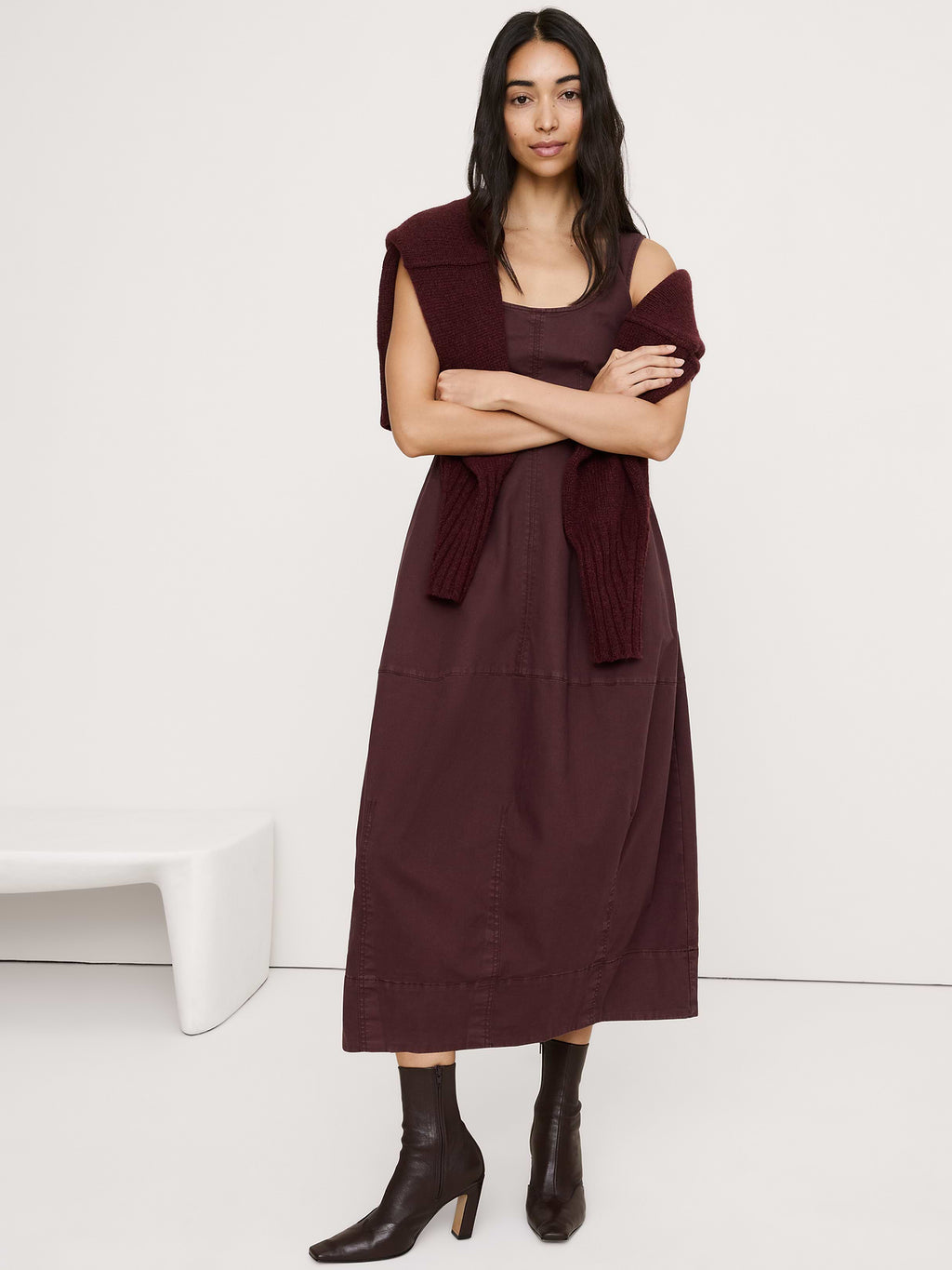 Stretch-Cotton Barrel Midi Dress - Molasses Brown