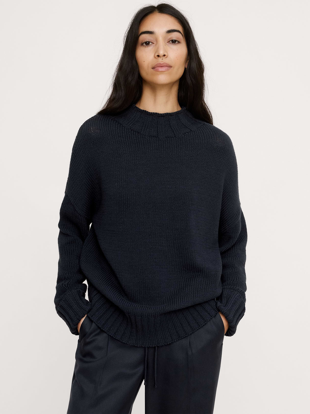Chunky Cotton Tunic Sweater - Navy Blue