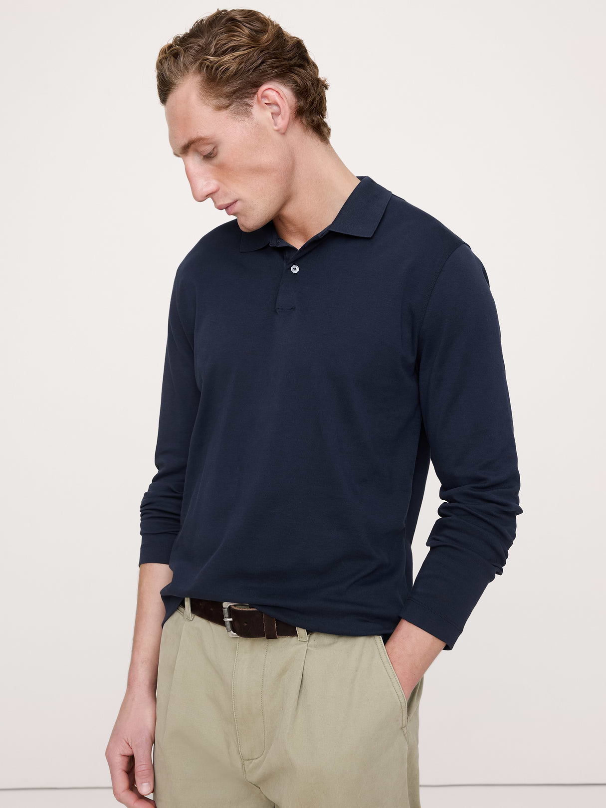 Luxury-Touch Long-Sleeve Polo - Navy Blue