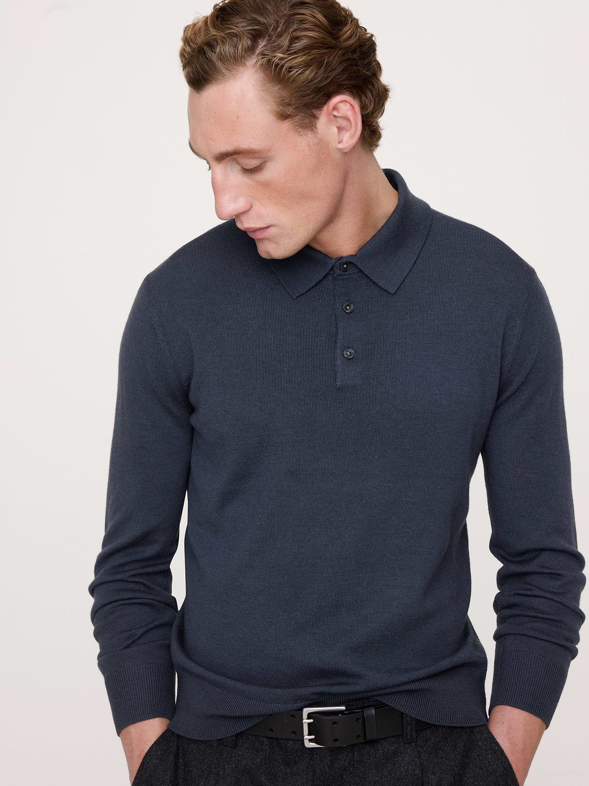 Merino Long-Sleeve Sweater Polo - True Blue Denim