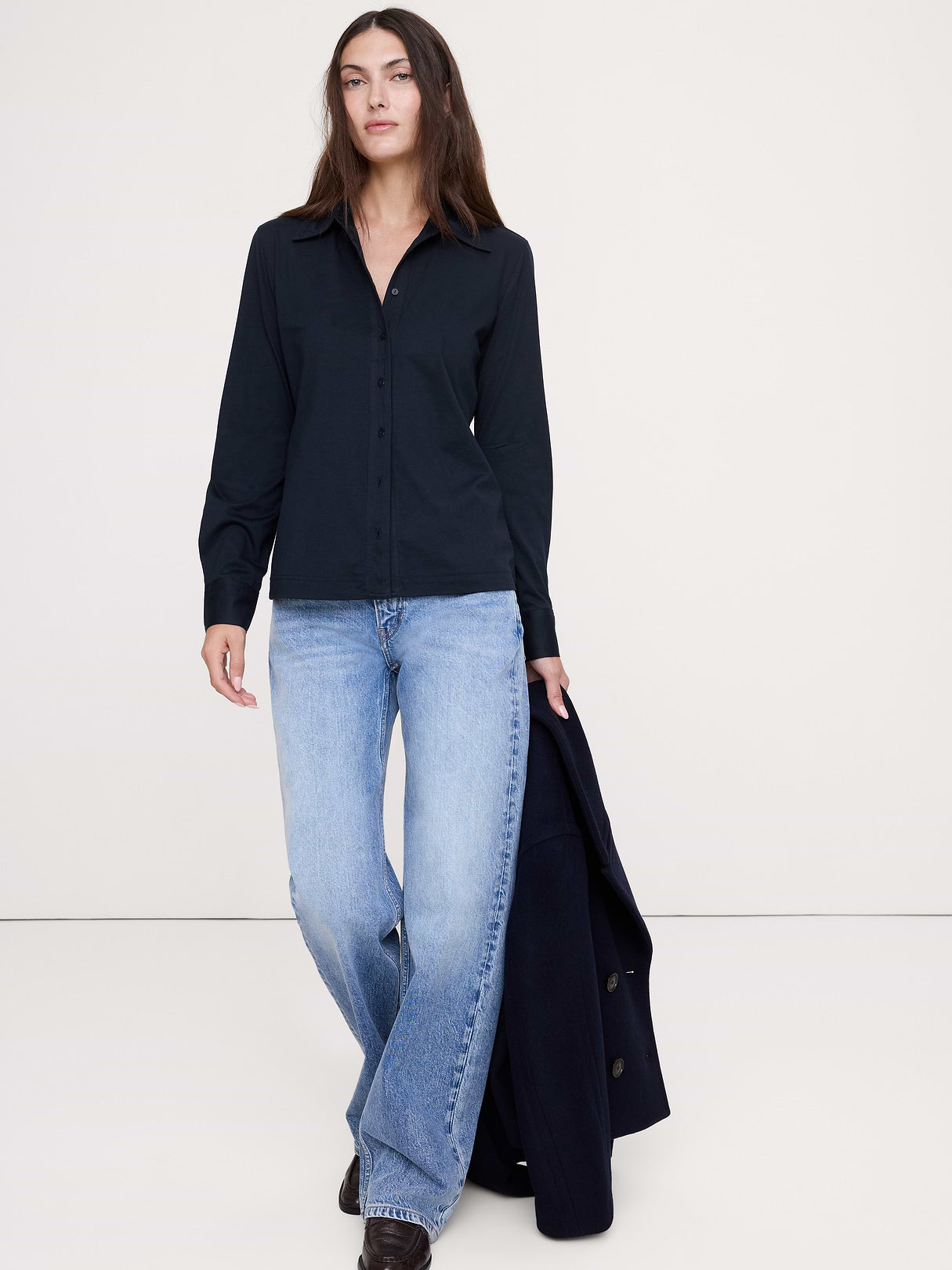 Silky Cotton Long-Sleeve Button-Down Shirt - Navy Blue