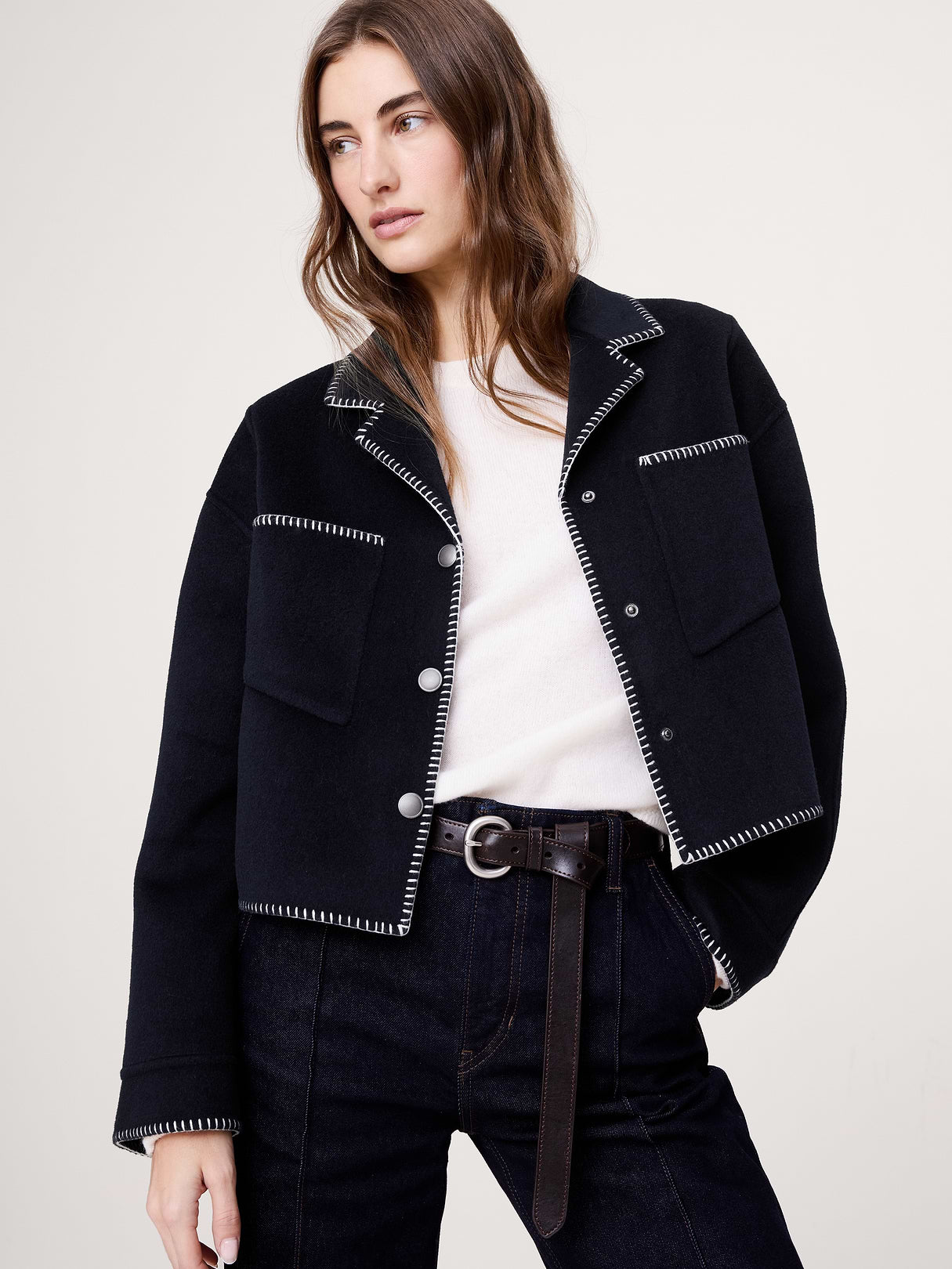 Double-Faced Short Jacket with Blanket Stitch - Navy Blue