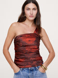 Stretch-Satin Ruched One-Shoulder Top - Red Mums