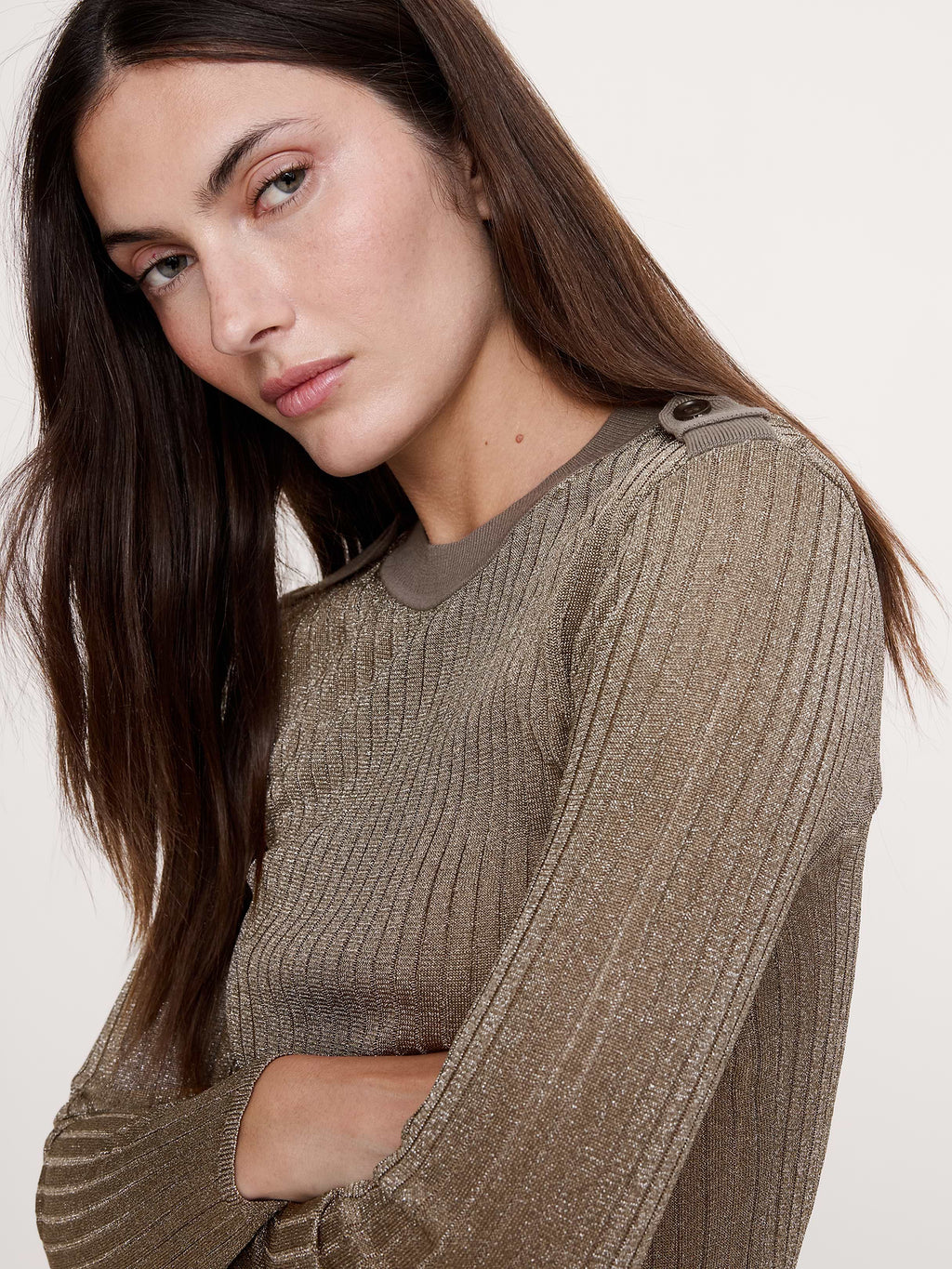 Metallic Shoulder-Epaulet Sweater - Mocha