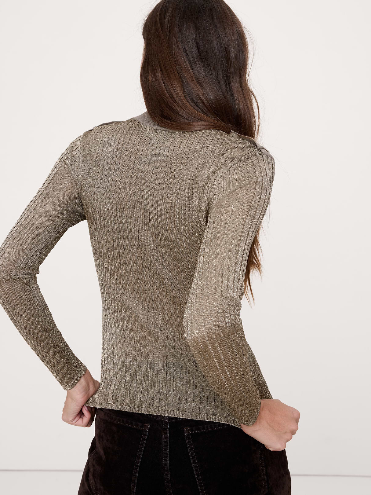 Metallic Shoulder-Epaulet Sweater - Mocha