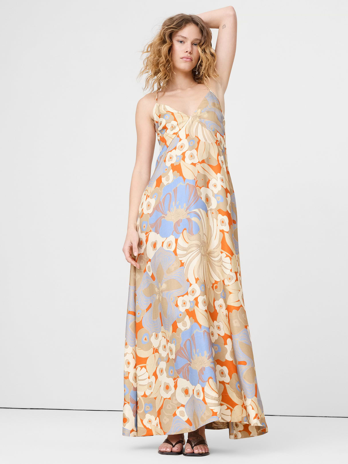 Viscose-Linen Maxi Dress - Orange Floral