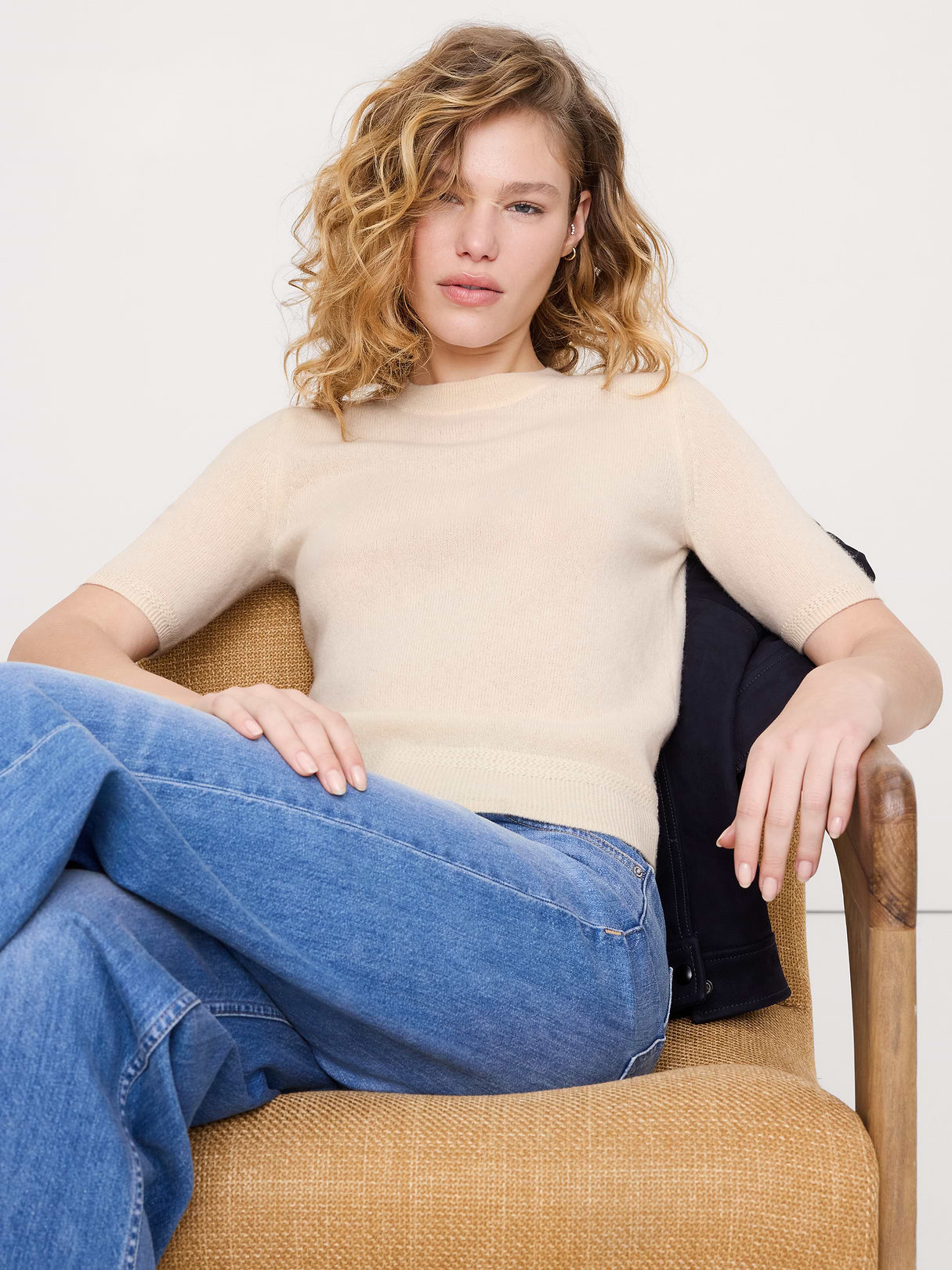 Lightweight Cashmere Short-Sleeve Sweater - Warm Ivory