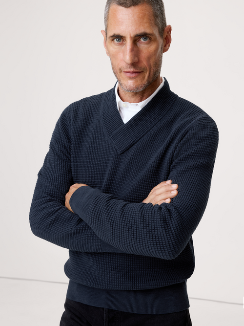 Cotton Thermal-Knit V-Neck Sweater - Navy Blue