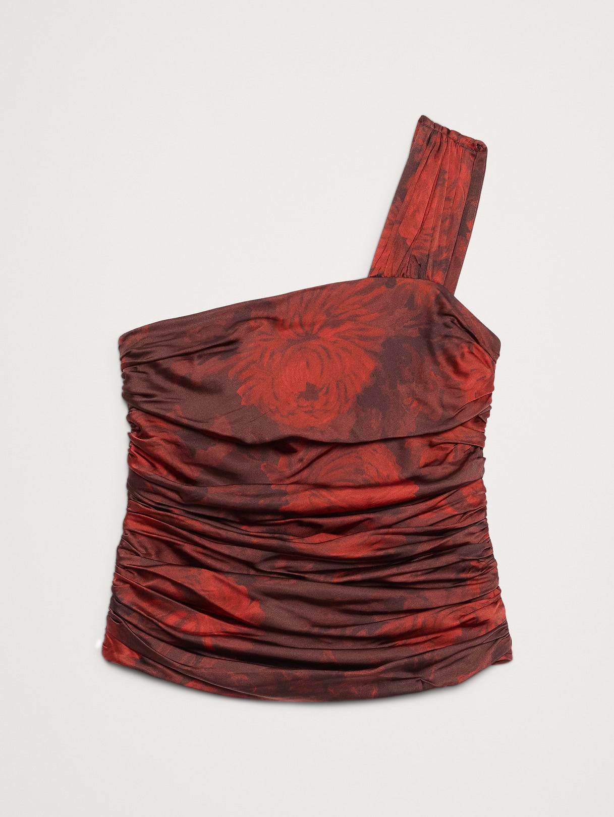 Stretch-Satin Ruched One-Shoulder Top - Red Mums