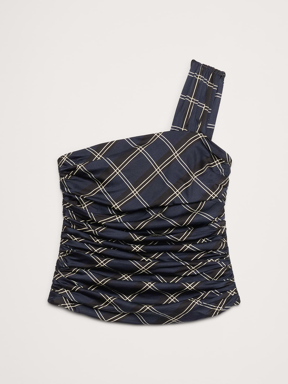 Stretch-Satin Ruched One-Shoulder Top - Navy Blue Plaid