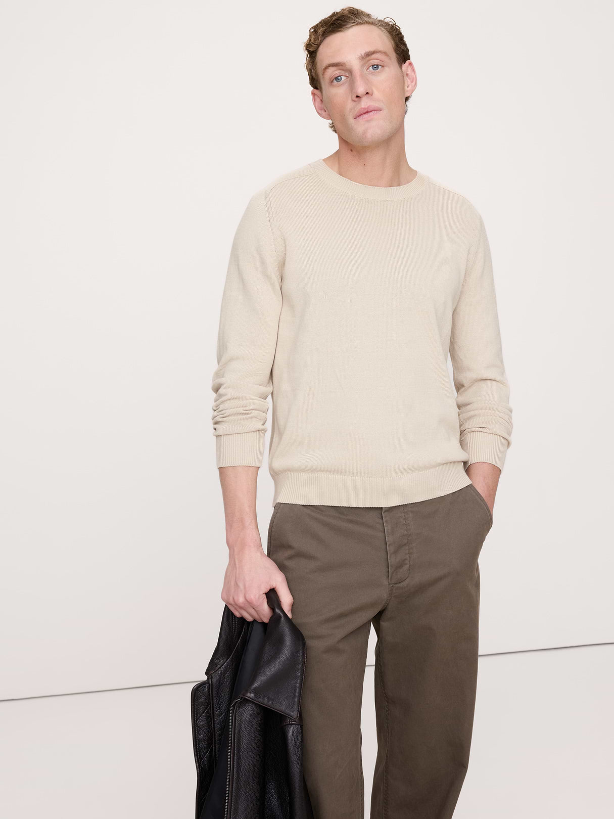 Cotton Crew-Neck Sweater - Light Khaki Beige