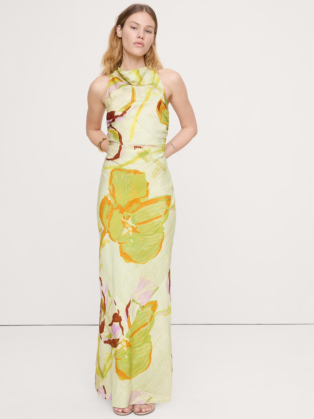 Viscose-Linen Cowl-Neck Dress - Green Floral Gid