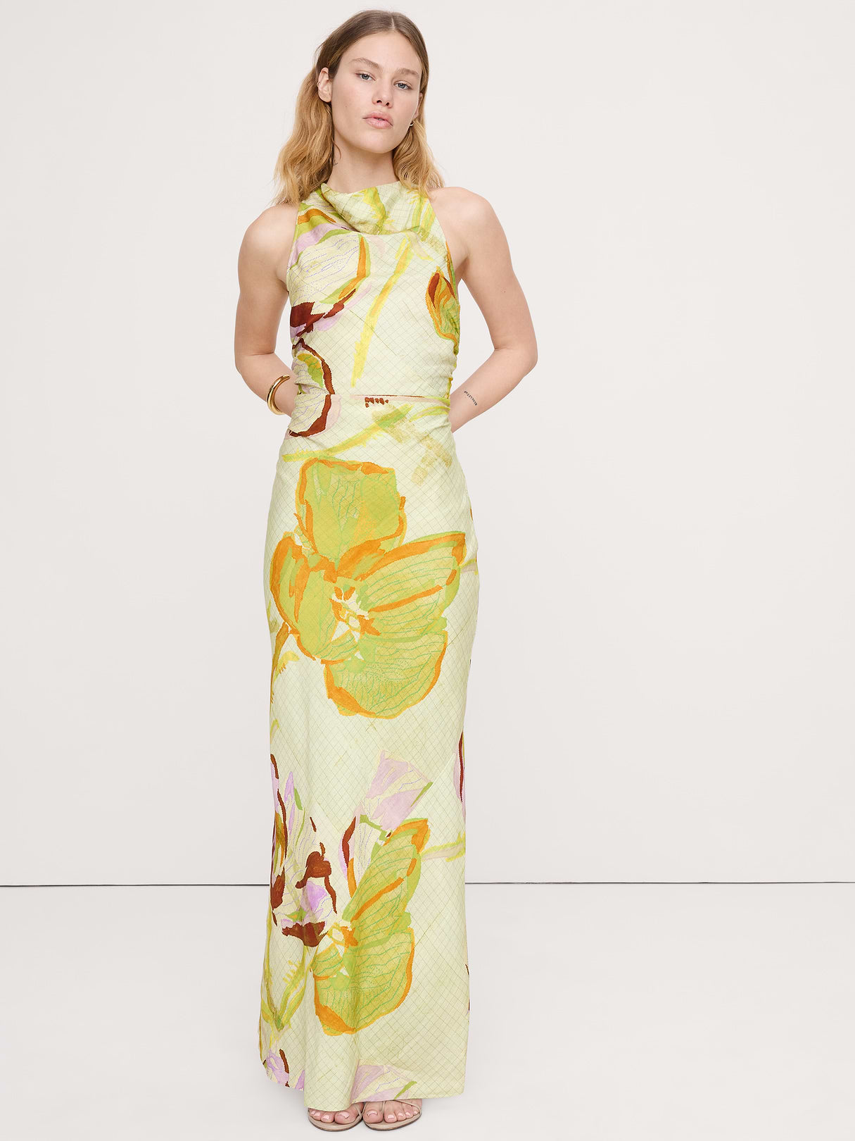 Viscose-Linen Cowl-Neck Dress - Green Floral Gid